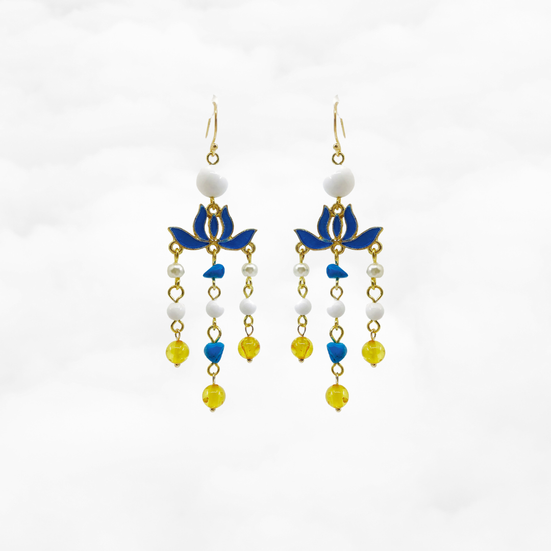 Blue Enamel Lotus Tassel Earrings - Yun Boutique