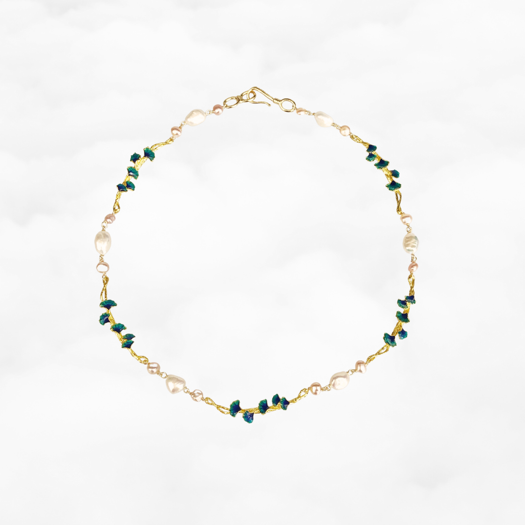 Gold Enamel Vine Pearl Necklace - Yun Boutique