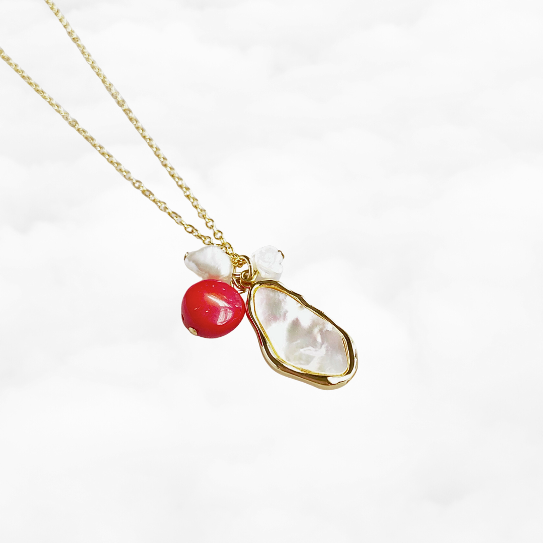 Mother Pearl and Red Coral Cluster Pendant Necklace - Yun Boutique