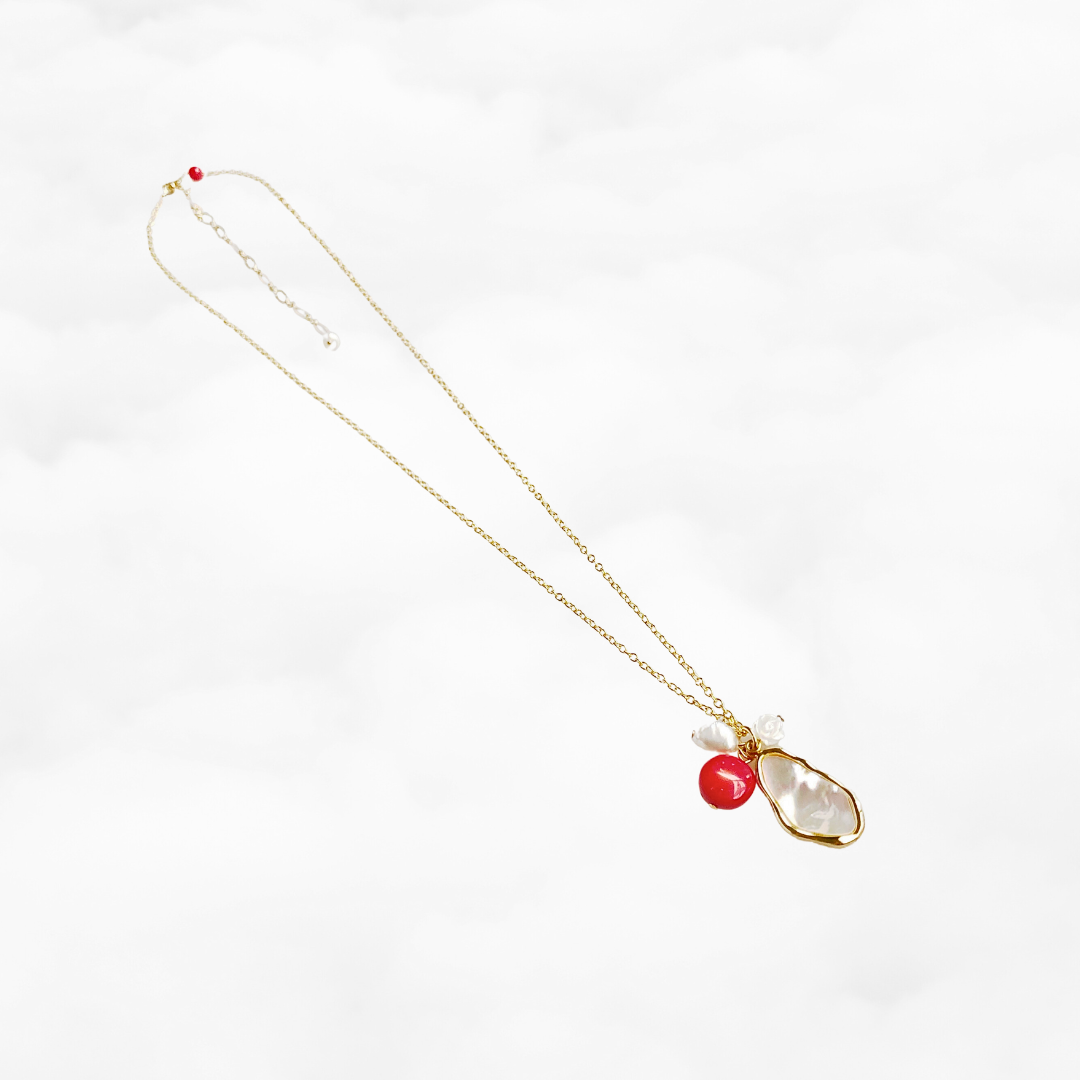 Mother Pearl and Red Coral Cluster Pendant Necklace - Yun Boutique