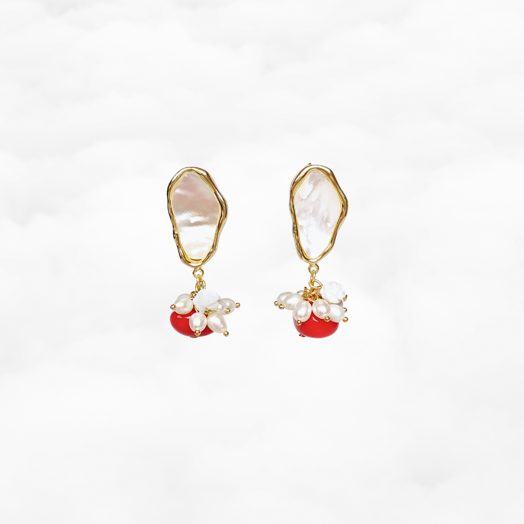 Mother Pearl and Red Coral Cluster Earrings Gold - Yun Boutique