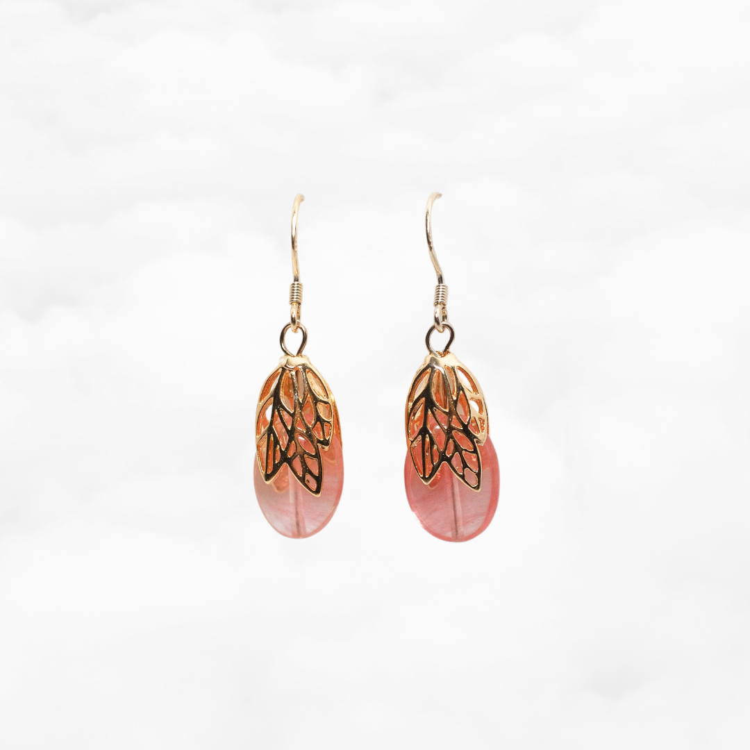 Gold Leaf Strawberry Quartz Earrings - Yun Boutique