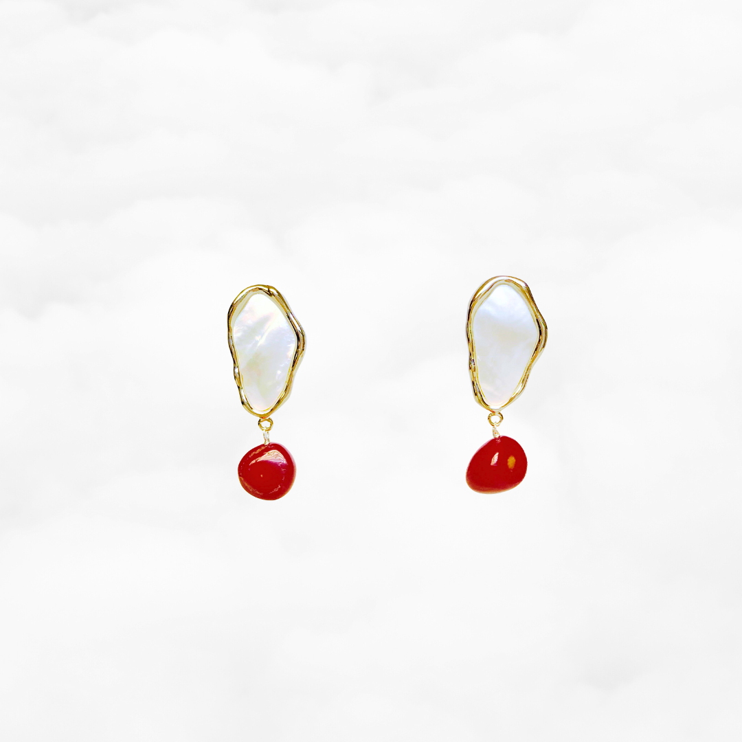 Mother Pearl and Red Coral Cluster Earrings Gold - Yun Boutique