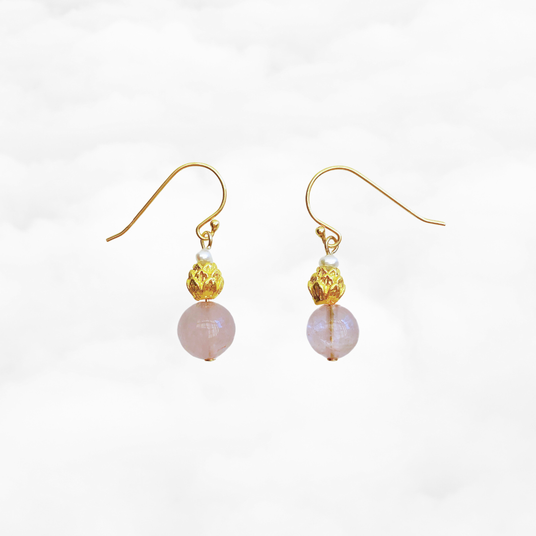 Gold Lotus Rose Quartz Earrings - Yun Boutique