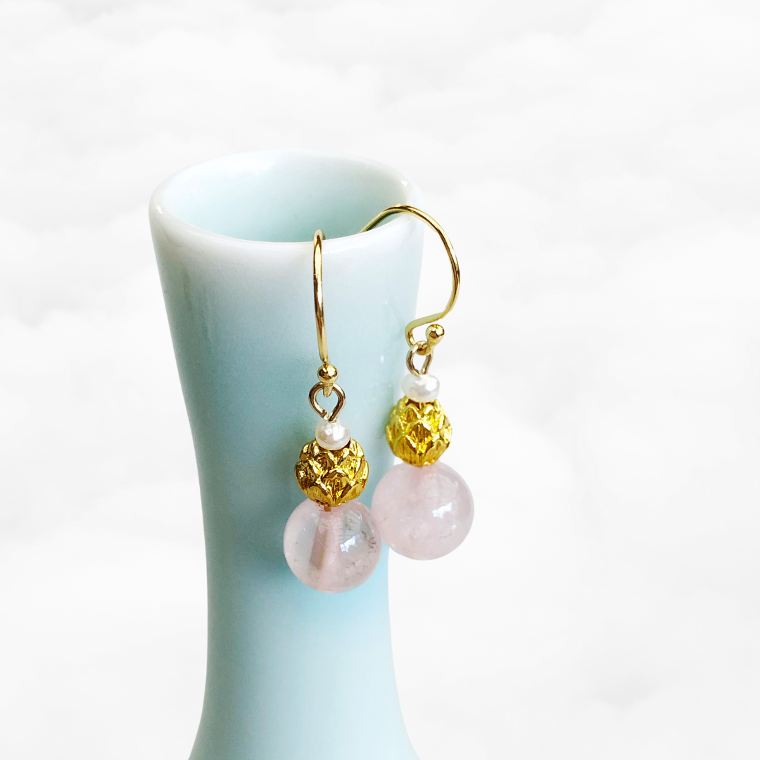 Gold Lotus Rose Quartz Earrings - Yun Boutique