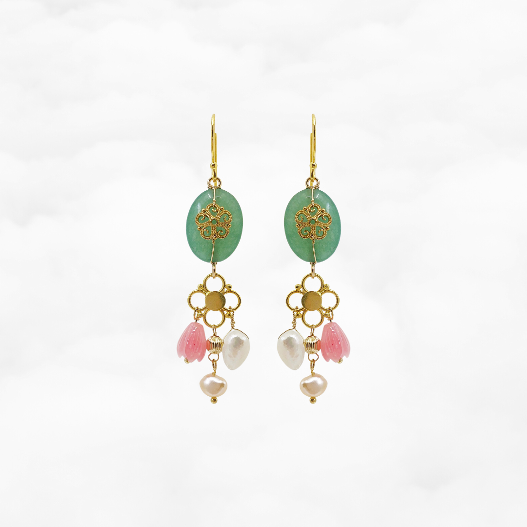 Gold Filigree Flower Aventurine Earrings - Yun Boutique