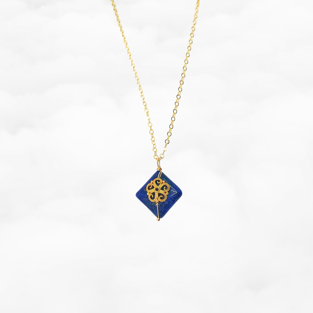 Filigree Flower Square Lapis Necklace - Yun Boutique