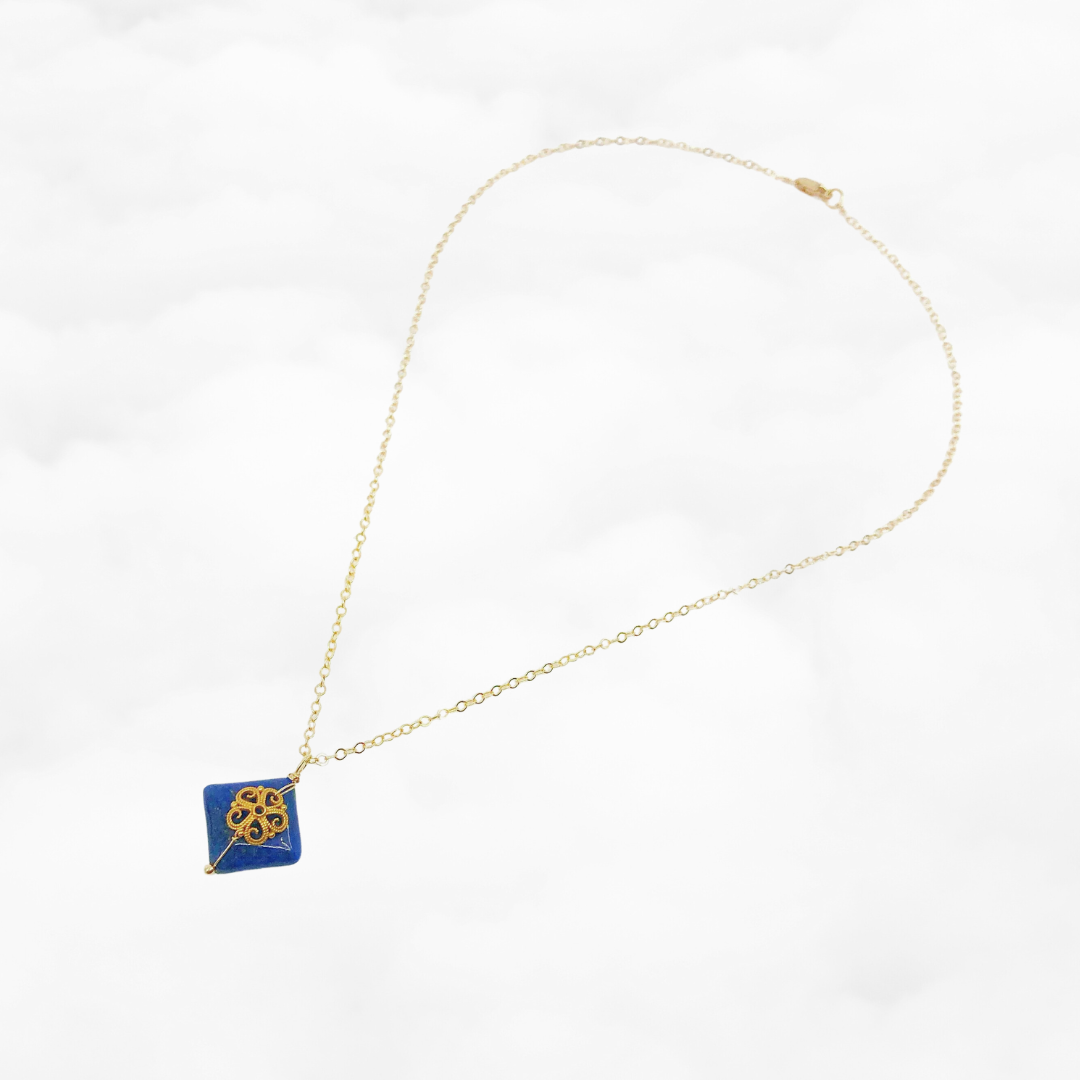 Filigree Flower Square Lapis Necklace - Yun Boutique