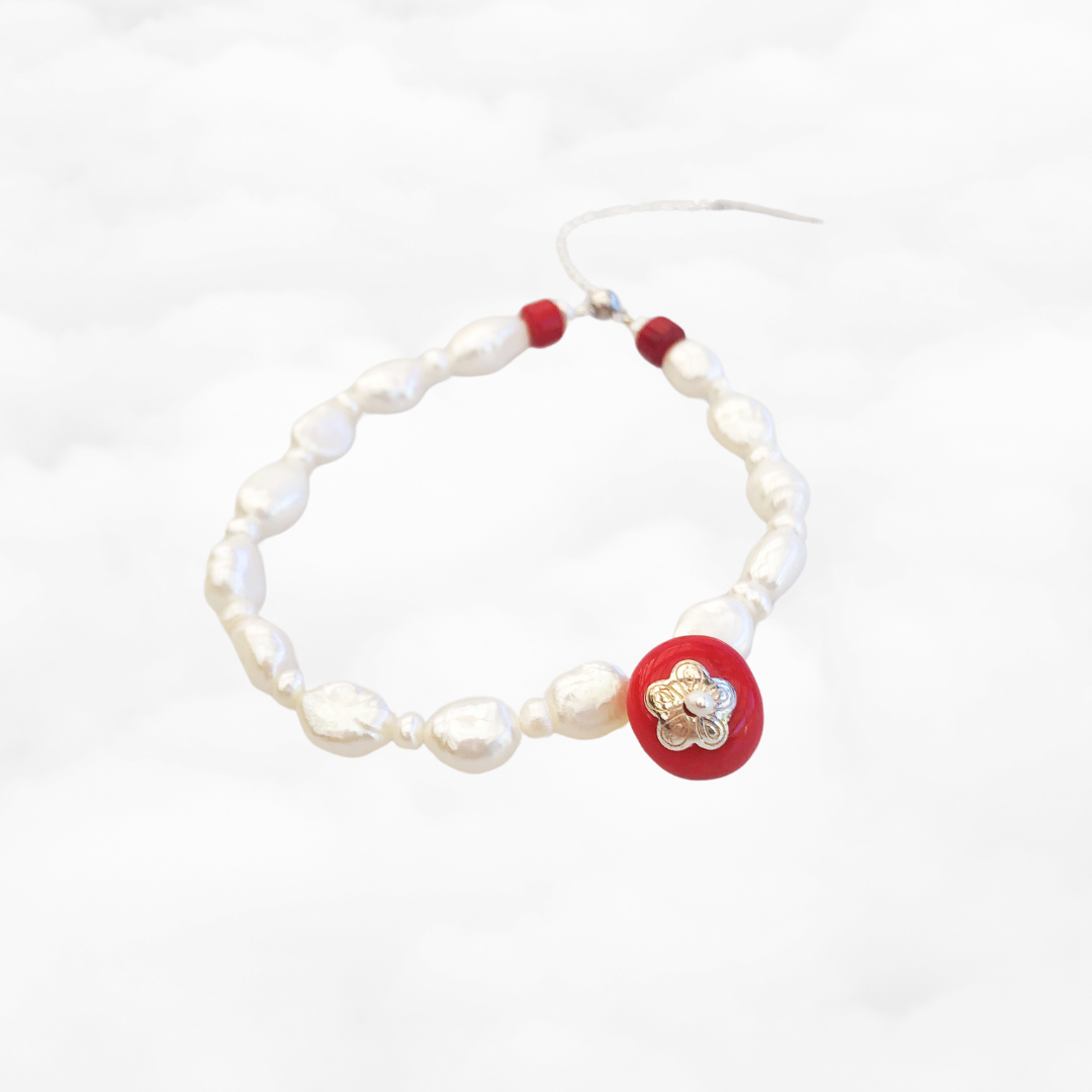 Plum Blossom Beaded Pearl and Coral Bracelet Silver - Yun Boutique