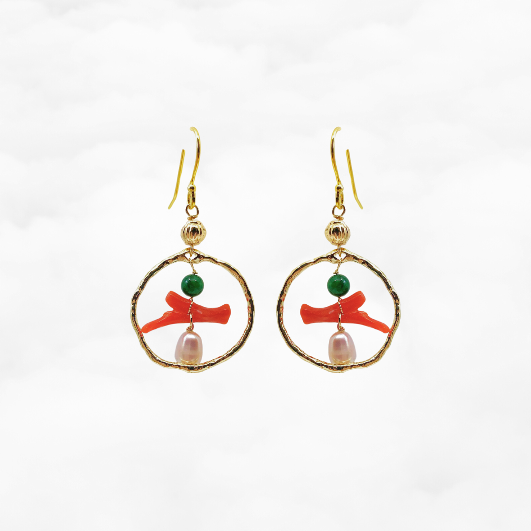 Gold Red Coral Chandelier Earrings - Yun Boutique