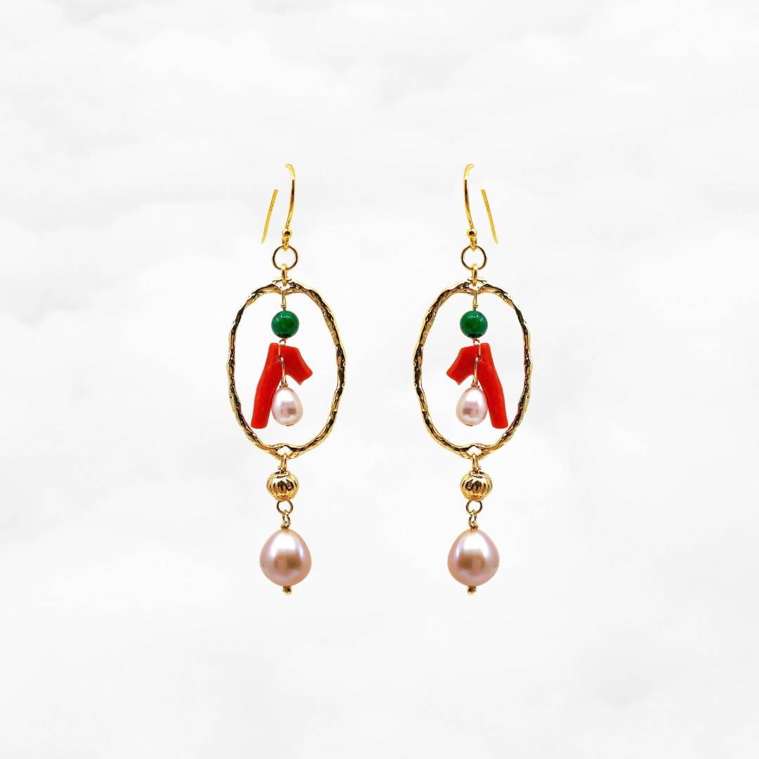 Gold Red Coral Chandelier Earrings - Yun Boutique