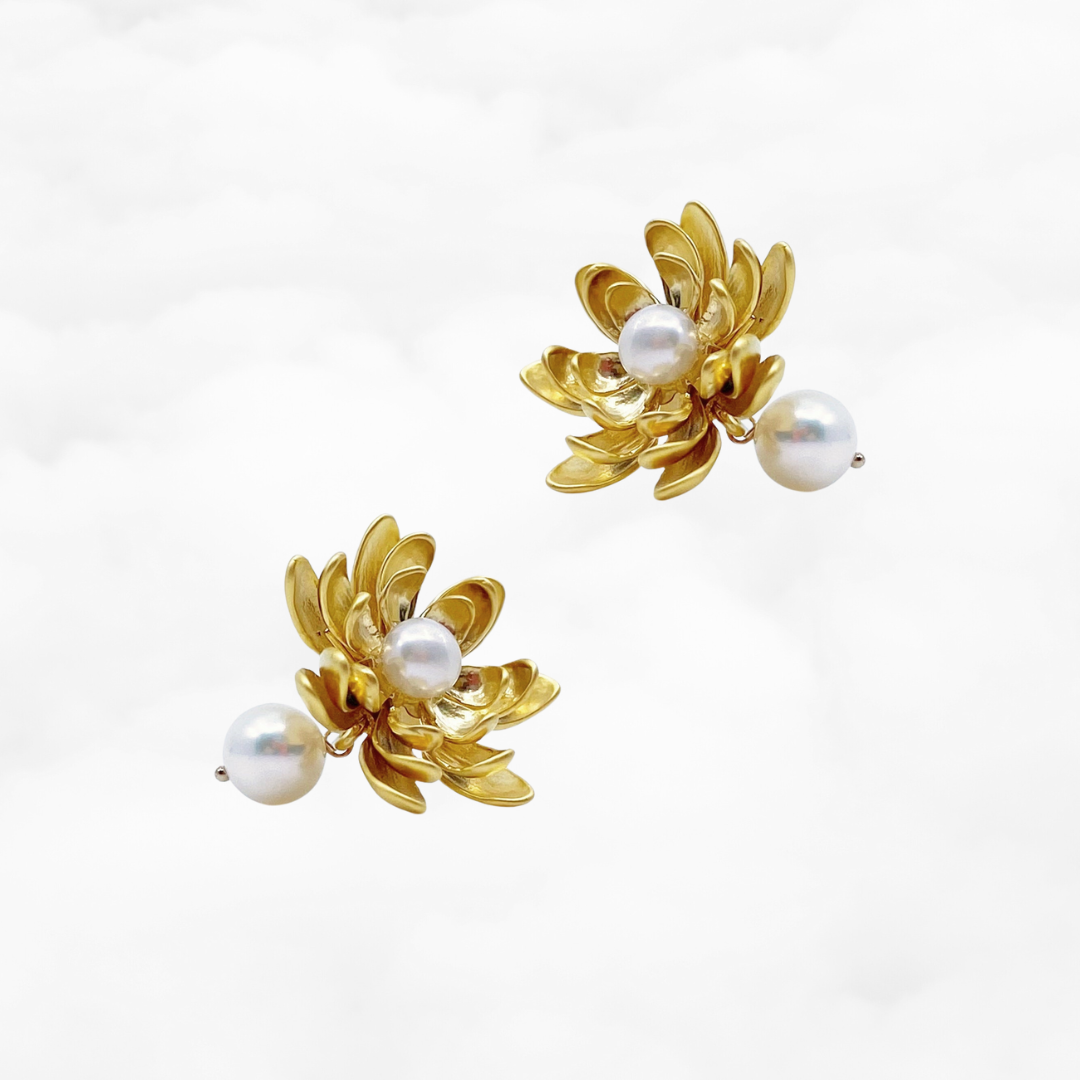 Gold Lotus Pearl Stud Earrings - Yun Boutique