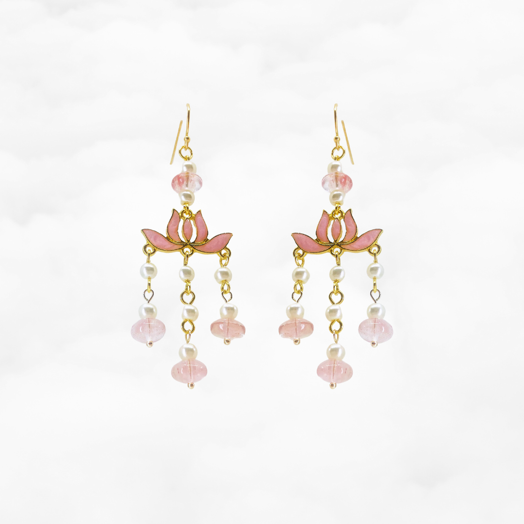 Pink Enamel Lotus Tassel Earrings