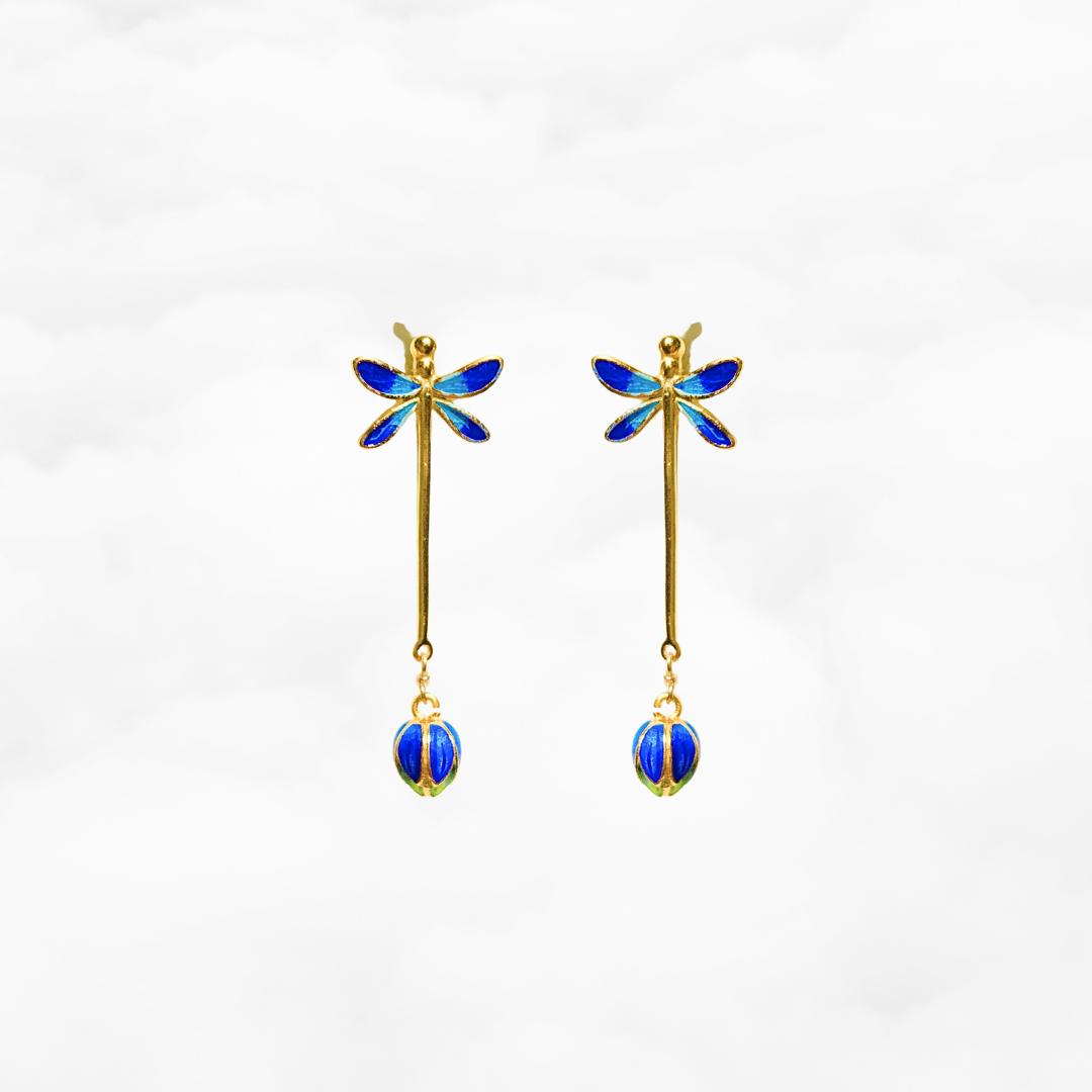 Blue Enamel Dragonfly Earrings