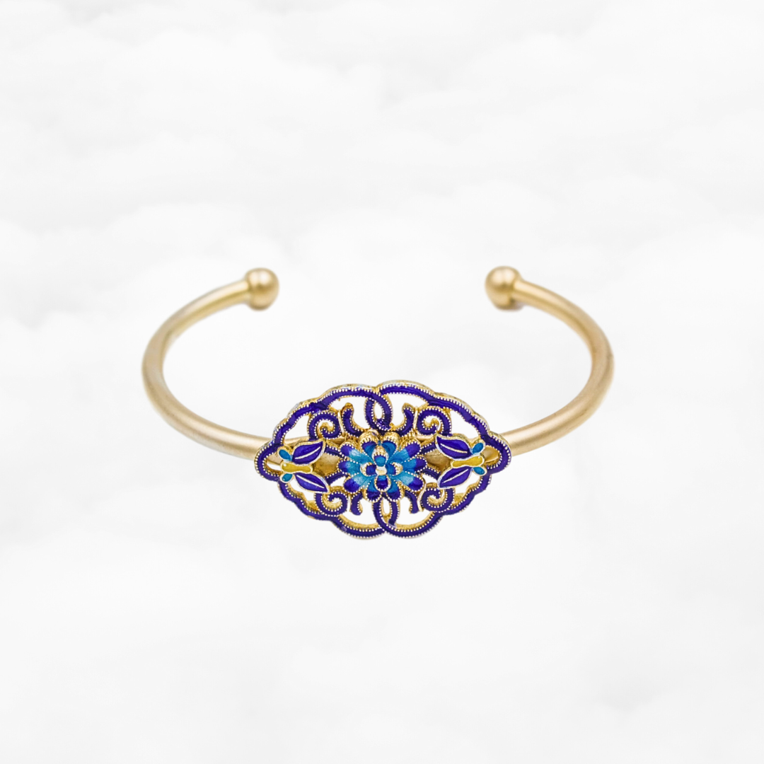 Enamel Auspicious Clouds Lotus Cuff Bangle Bracelet - Yun Boutique