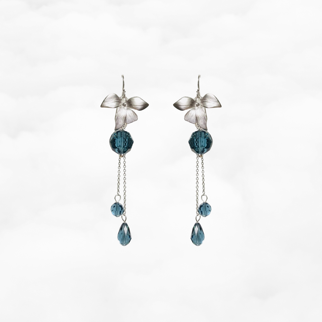 Orchid Flower Teal Crystal Earrings Silver - Yun Boutique