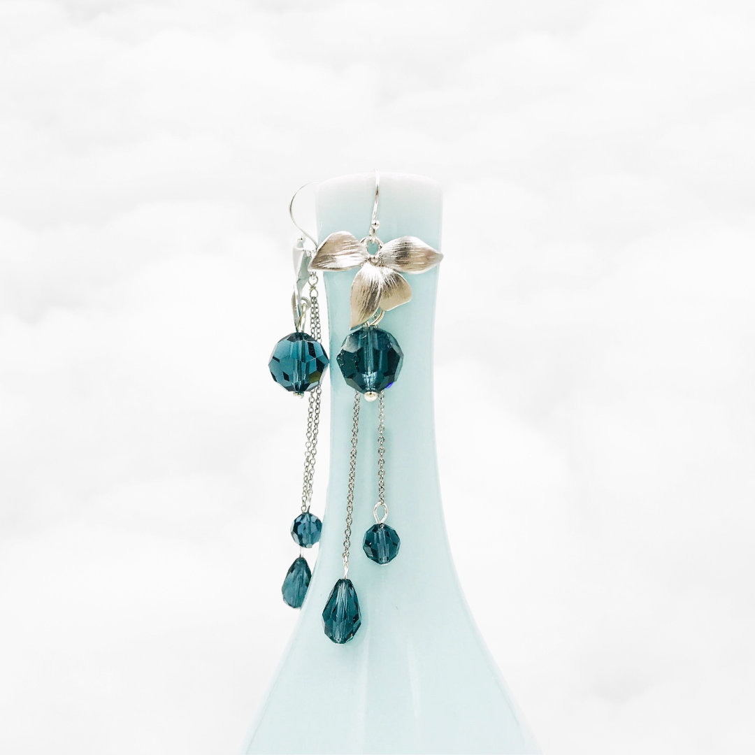 Orchid Flower Teal Crystal Earrings Silver - Yun Boutique