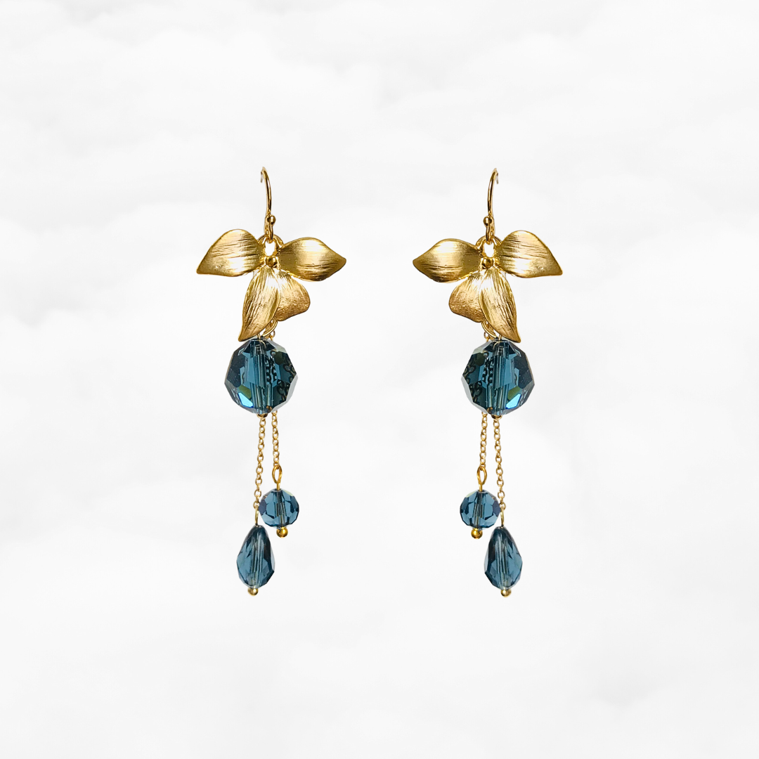 Orchid Flower Teal Crystal Earrings Gold - Yun Boutique