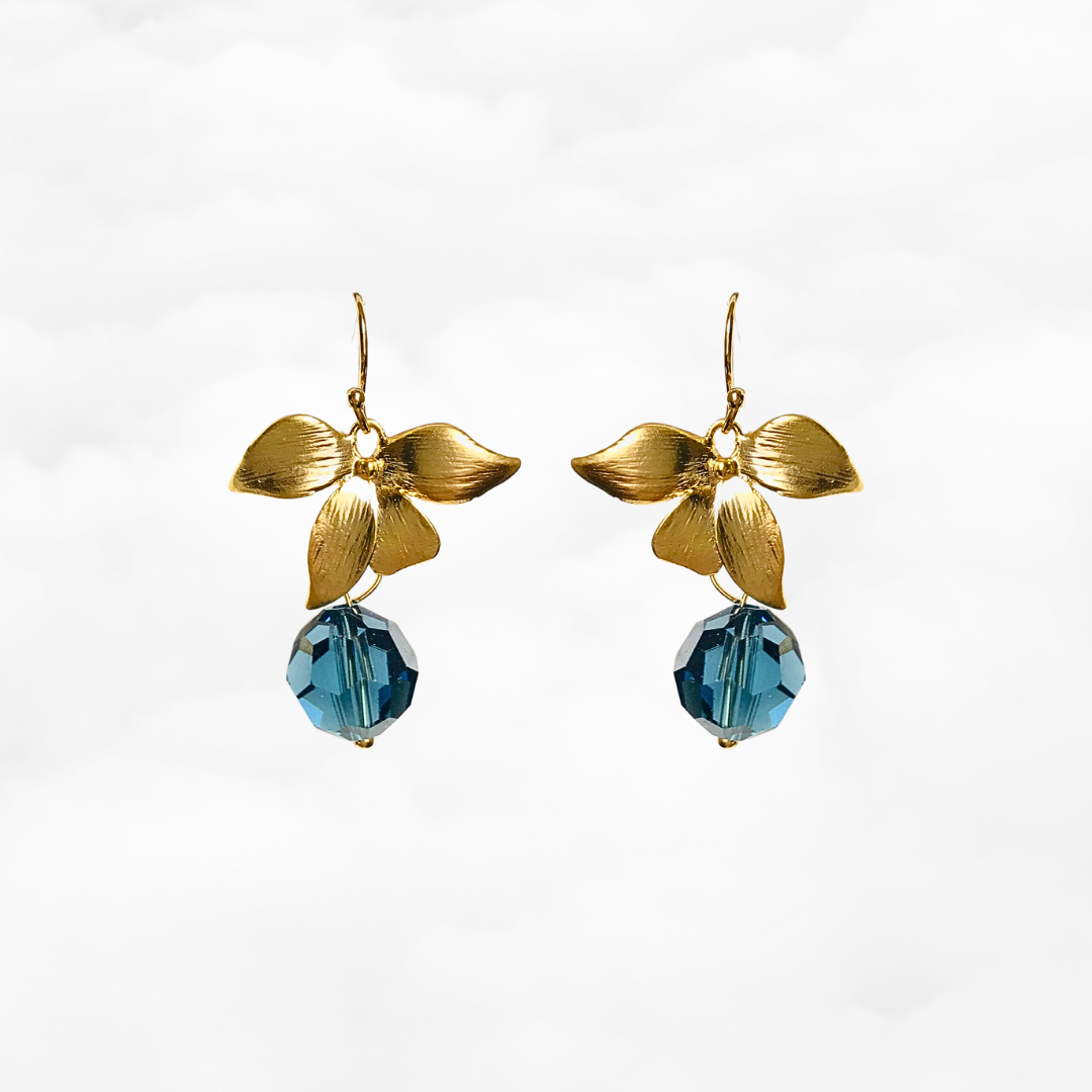 Orchid Flower Teal Crystal Earrings Gold - Yun Boutique