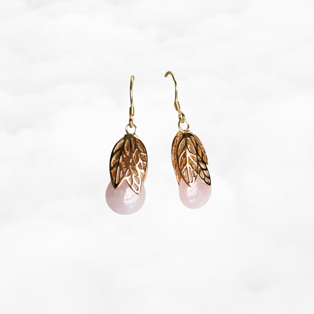 Gold Leaf Rose Quartz Earrings - Yun Boutique