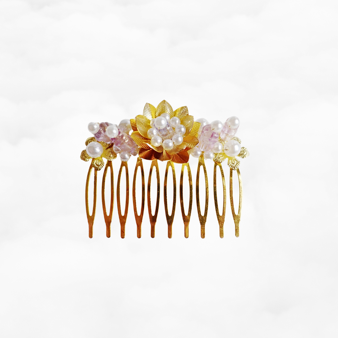 Gold and Pink Lotus Tiara Comb - Yun Boutique