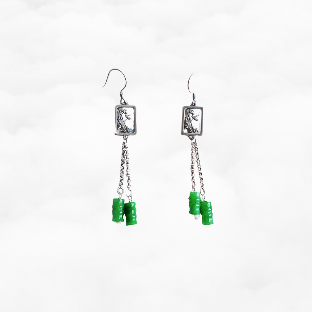 Bamboo Theme Green Jade Earrings