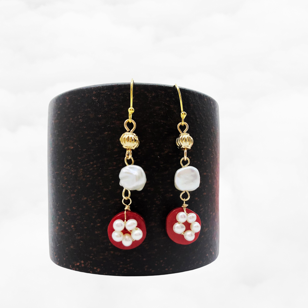 Red Coral Plum Blossom Earrings Gold - Yun Boutique