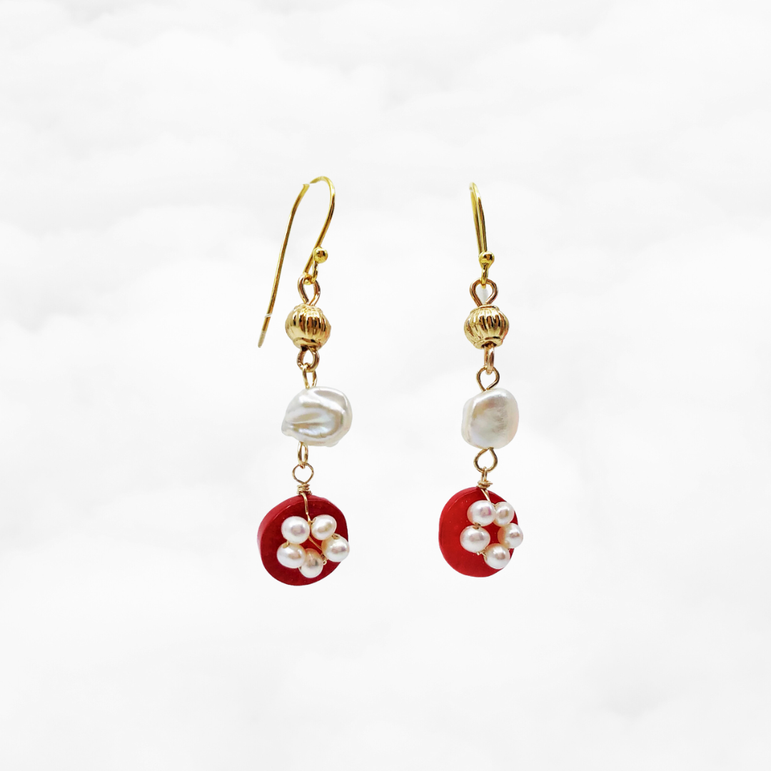 Red Coral Plum Blossom Earrings Gold - Yun Boutique