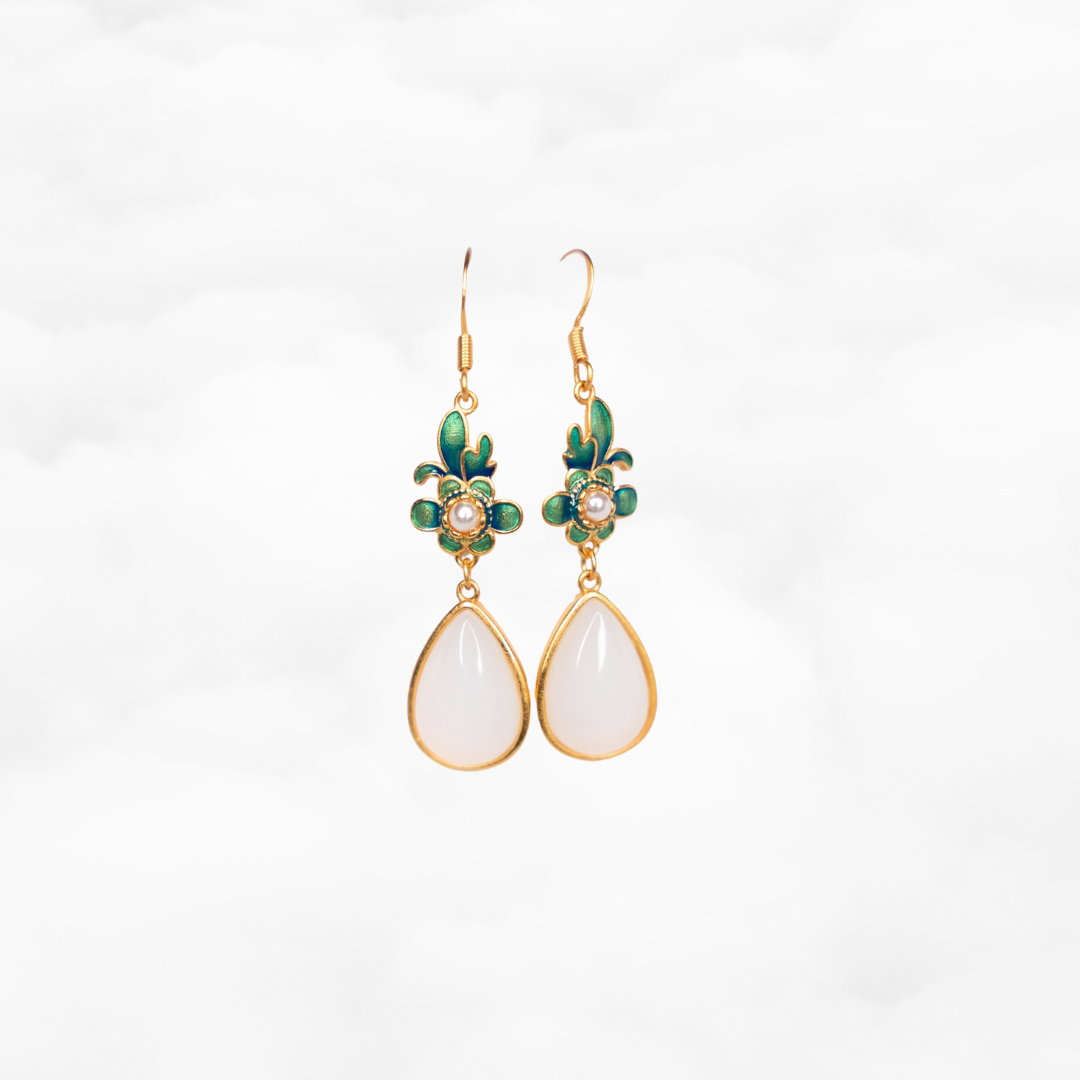 White Jade Enamel Orchid Flower Earrings - Yun Boutique