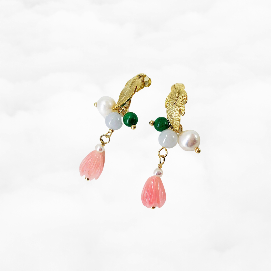 Gold Flower and Jade Earrings