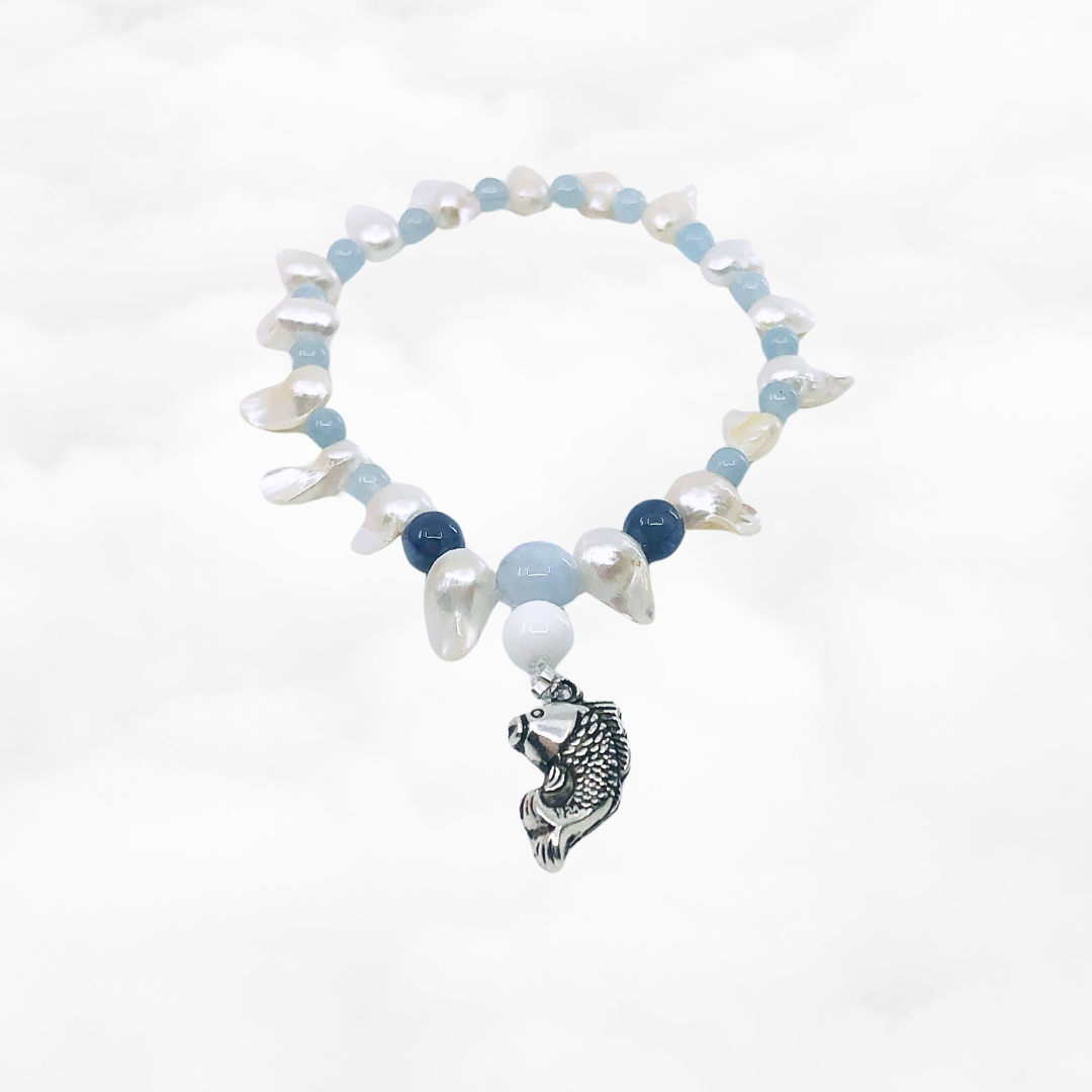 Beaded Pearl and Aquamarine Fish Bracelet - Yun Boutique