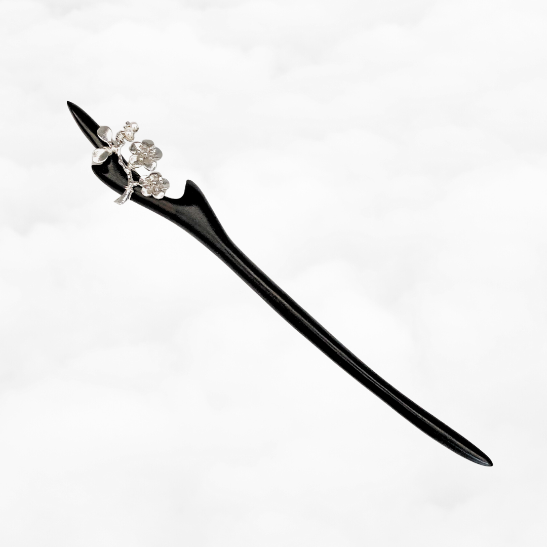 Silver Plum Blossom Wood Hair Stick - Yun Boutique