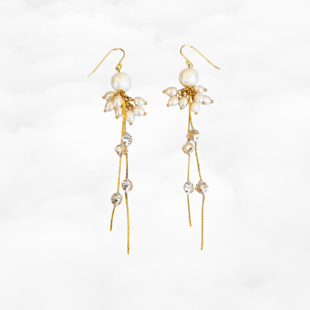 Gold Pearl Cluster Tassel Earrings