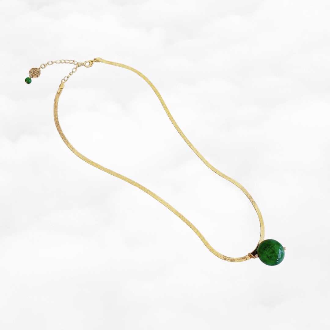 Jade Pendant Necklace with Gold Herringbone Chain - Yun Boutique