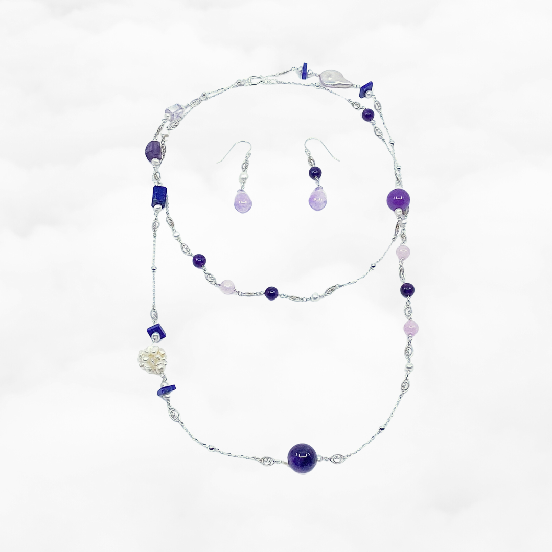 Purple Gemstone Necklace and Earring Set - Yun Boutique