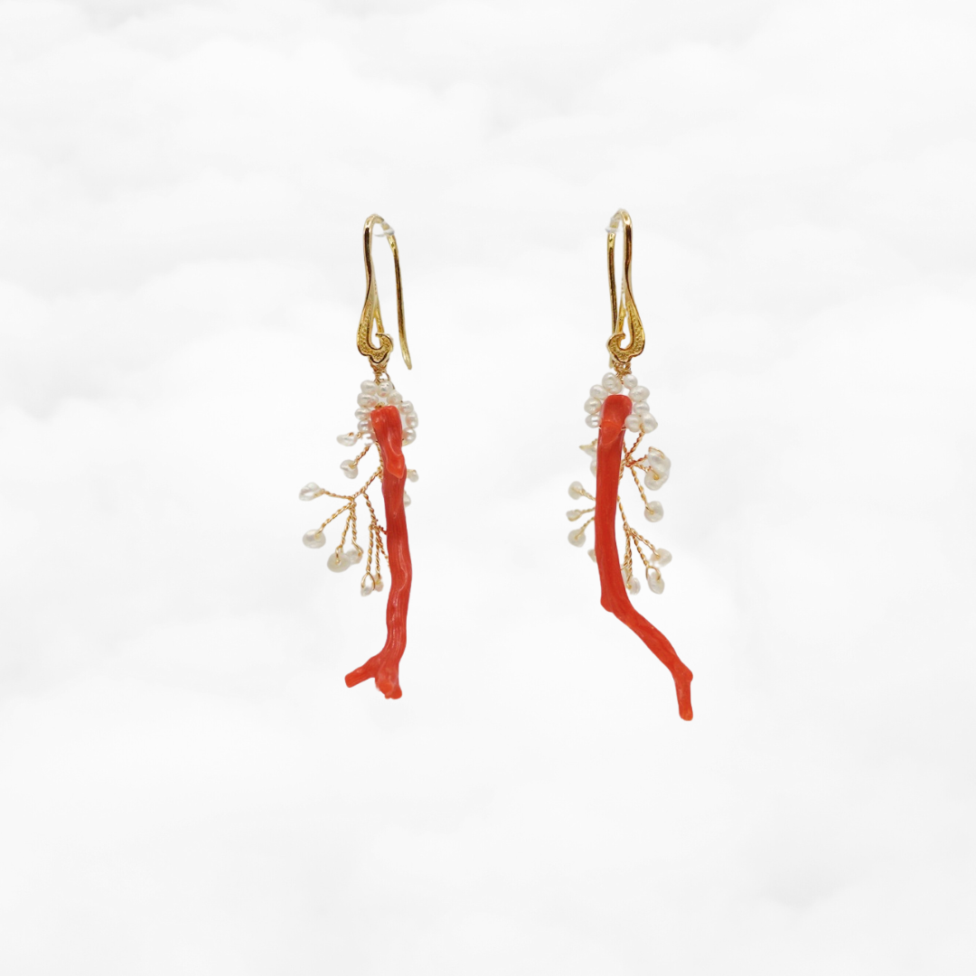 Red Coral and Pearl Branch Earrings - Yun Boutique