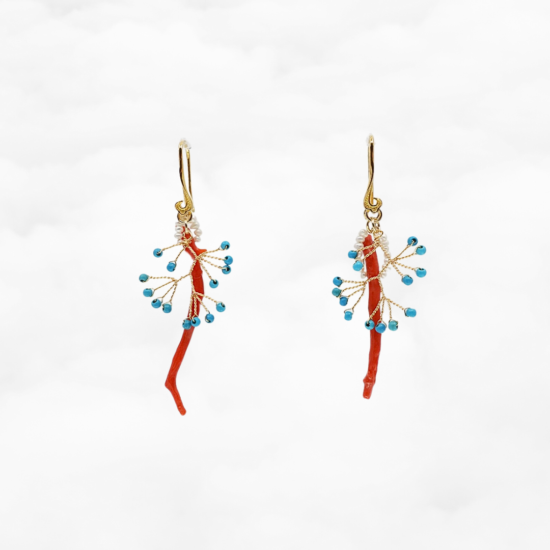 Red Coral and Turquoise Branch Earrings - Yun Boutique