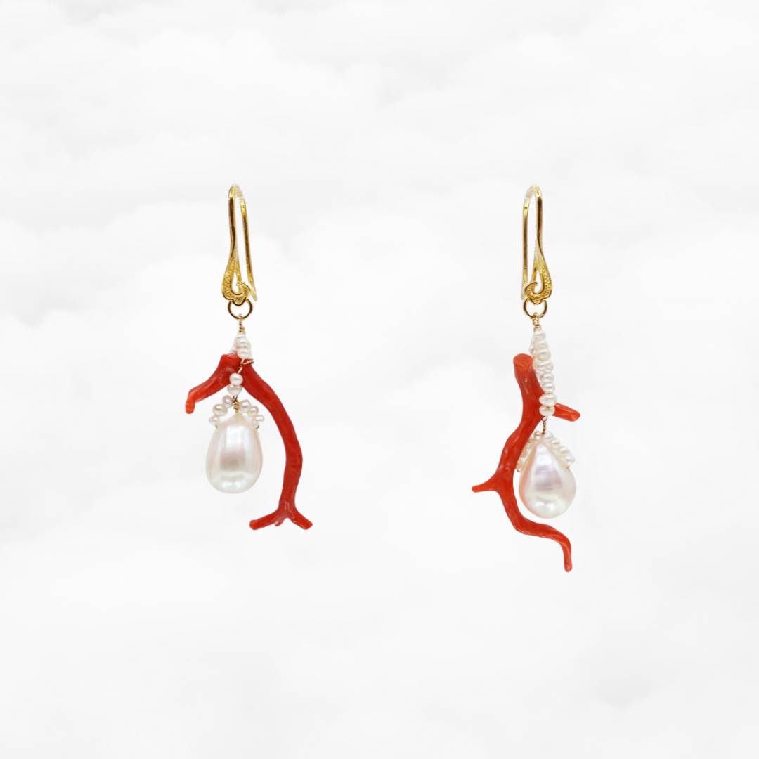 Red Coral and Pearl Branch Earrings - Yun Boutique