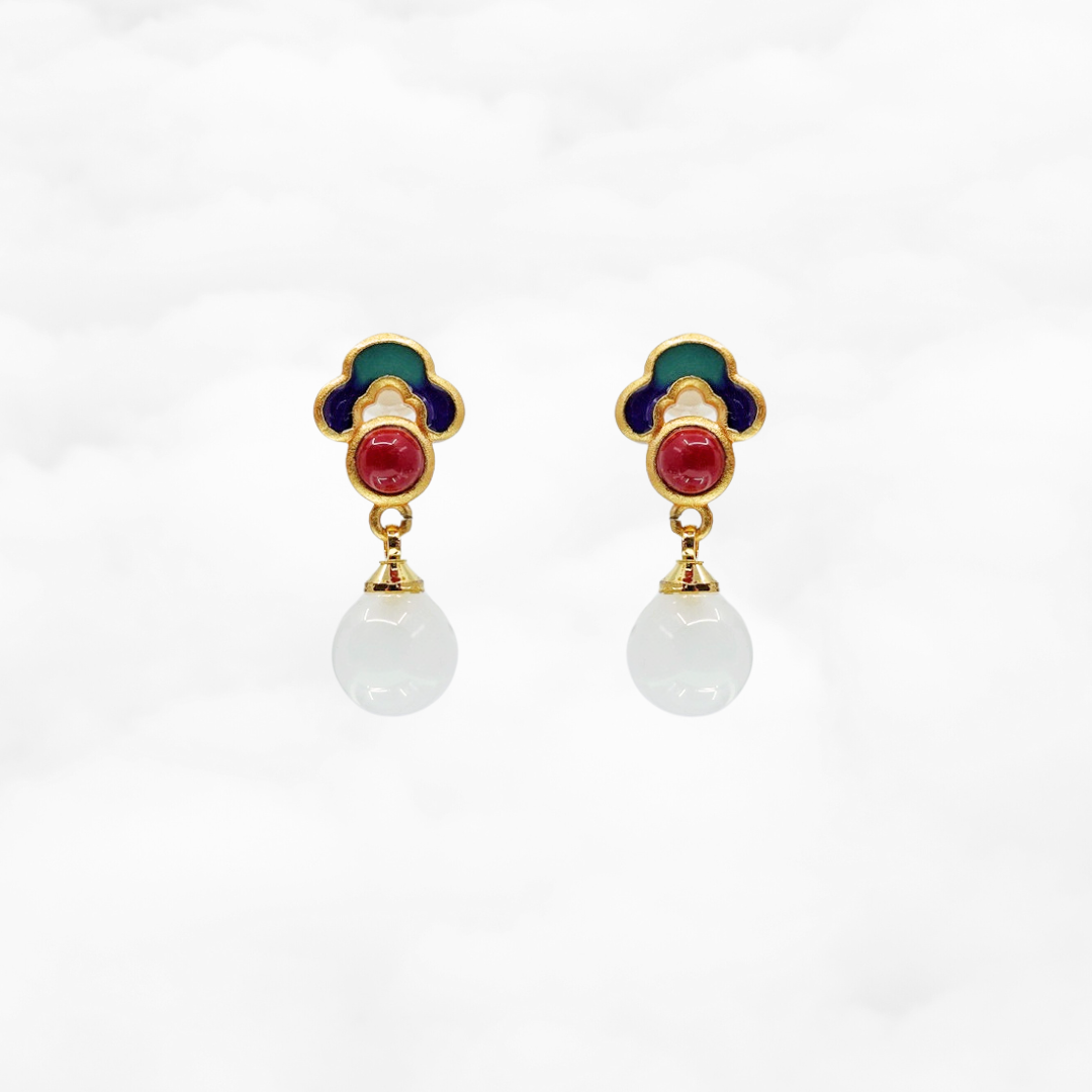 White Jade Enamel Ruyi Earrings - Yun Boutique