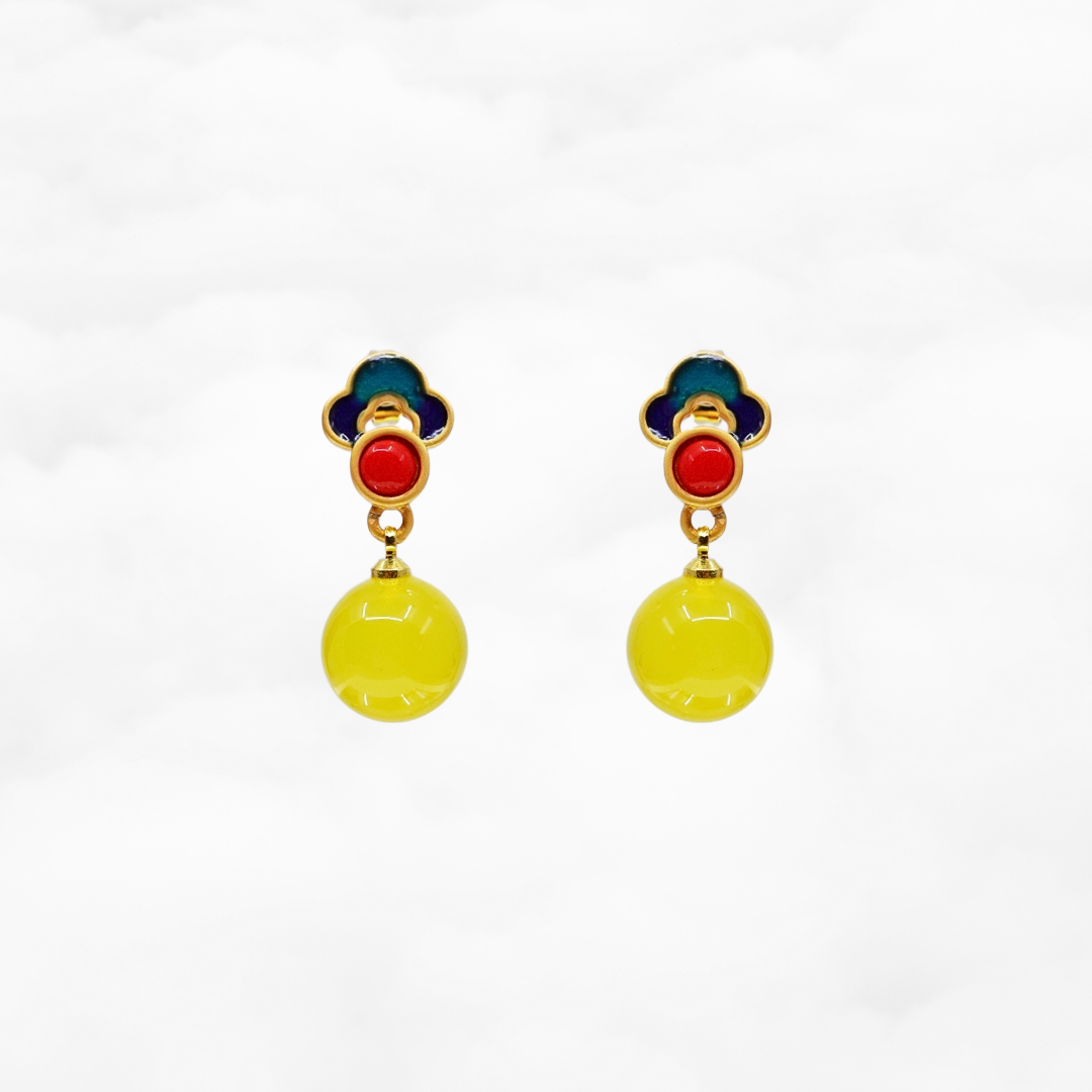 Yellow Jade Enamel Ruyi Earrings - Yun Boutique