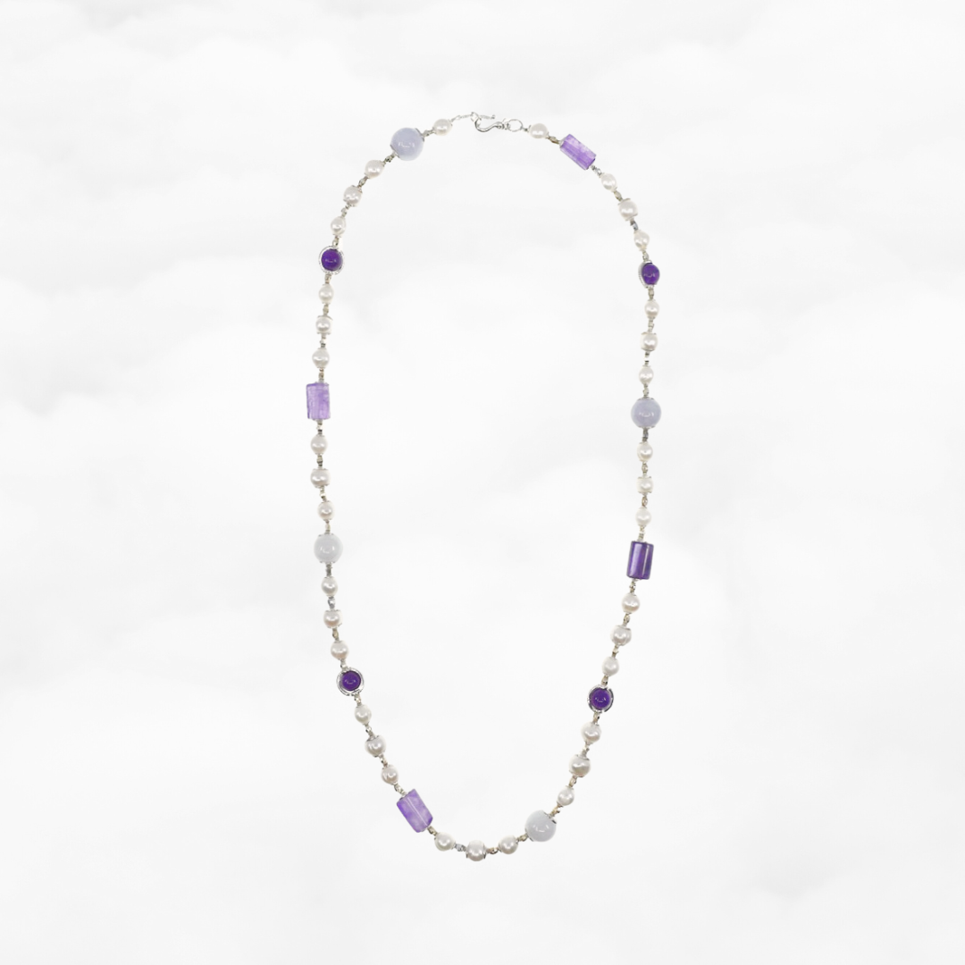 Beaded Pearl Necklace with Purple Gemstones - Yun Boutique