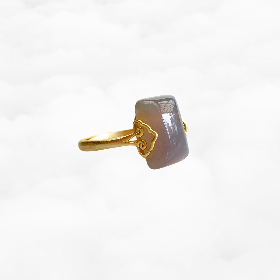 Gold Rectangle Gray Agate Ring