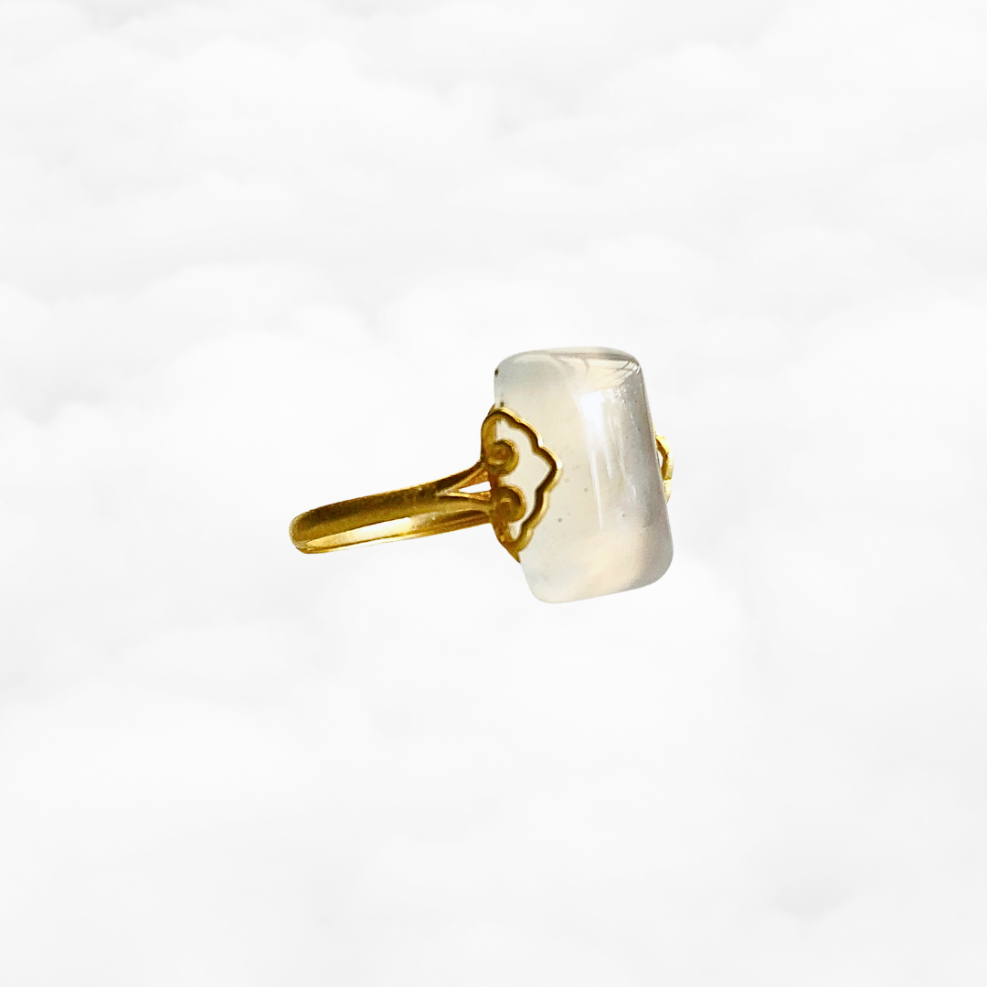 Gold Rectangle White Agate Ring