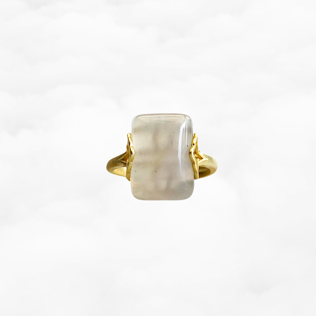 Gold Rectangle White Agate Ring