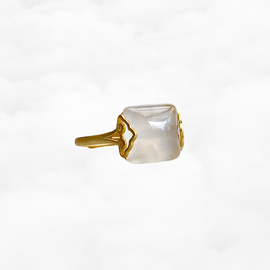 Gold Square White Agate Ring