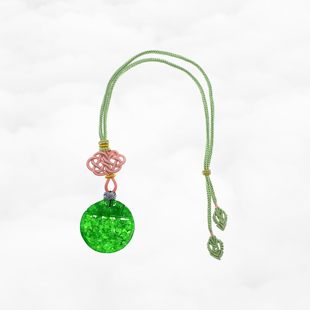 Green Jade Peony Pendant Necklace with Chinese Knot