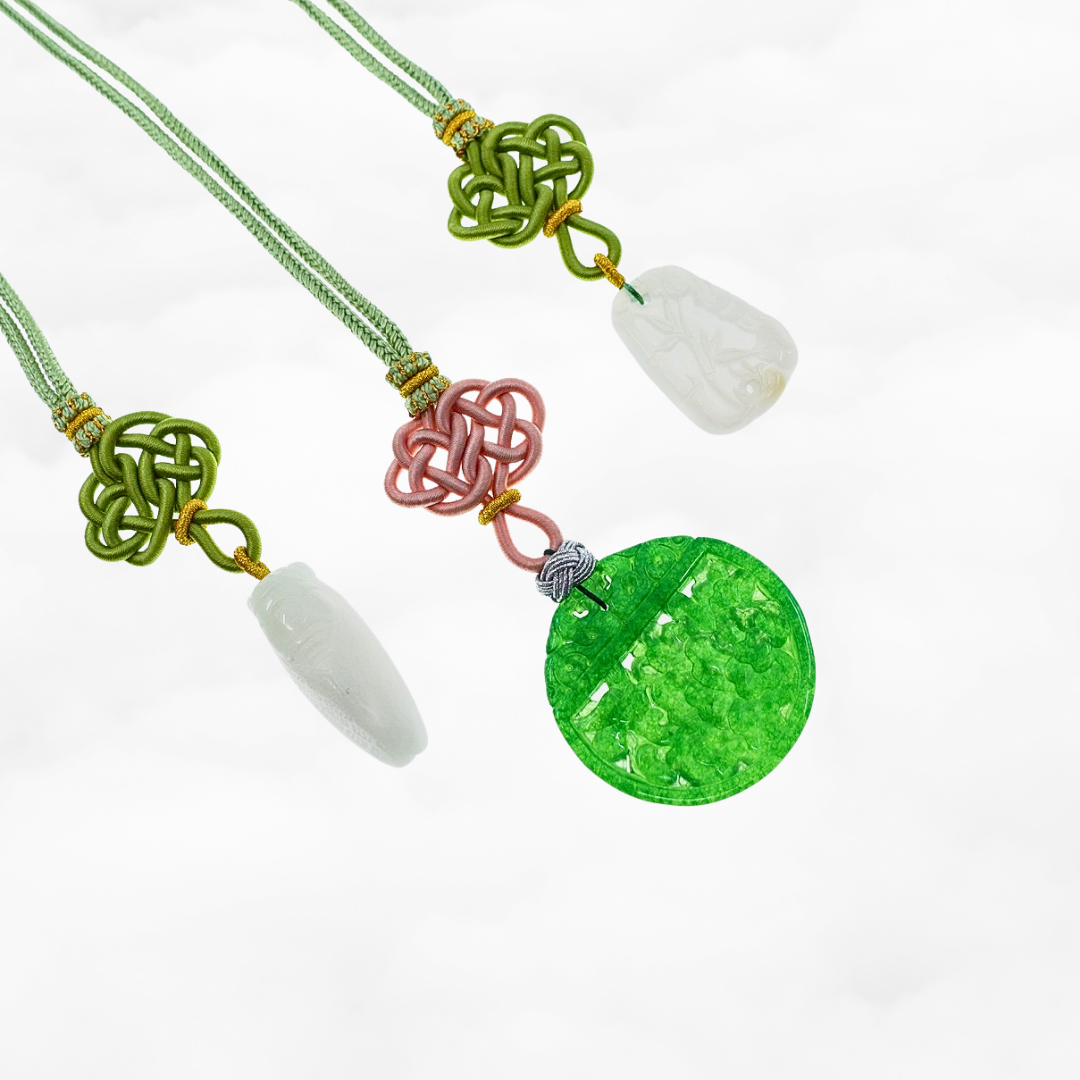 Green Jade Peony Pendant Necklace with Chinese Knot