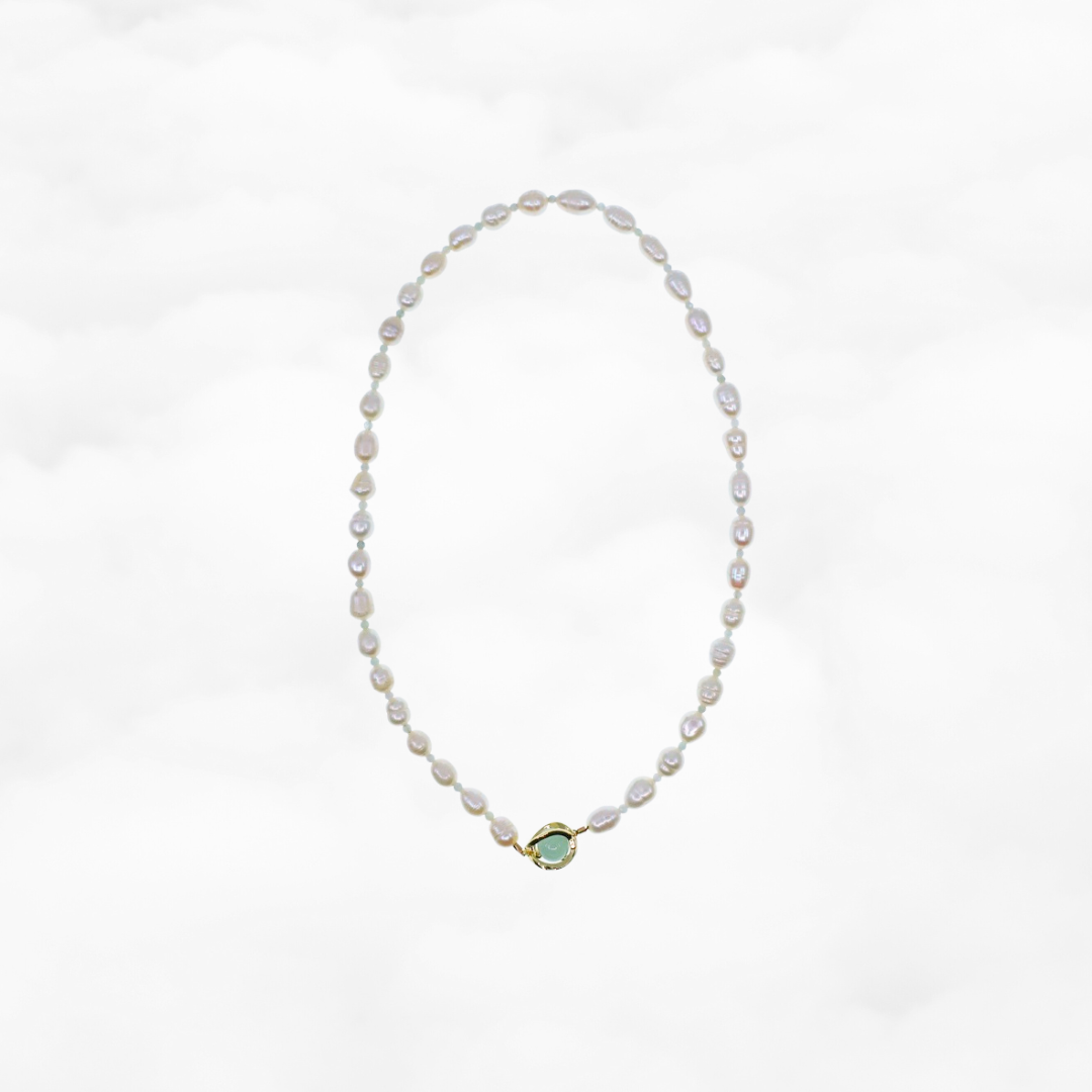 Beaded Baroque Pearl and Jade Necklace Gold