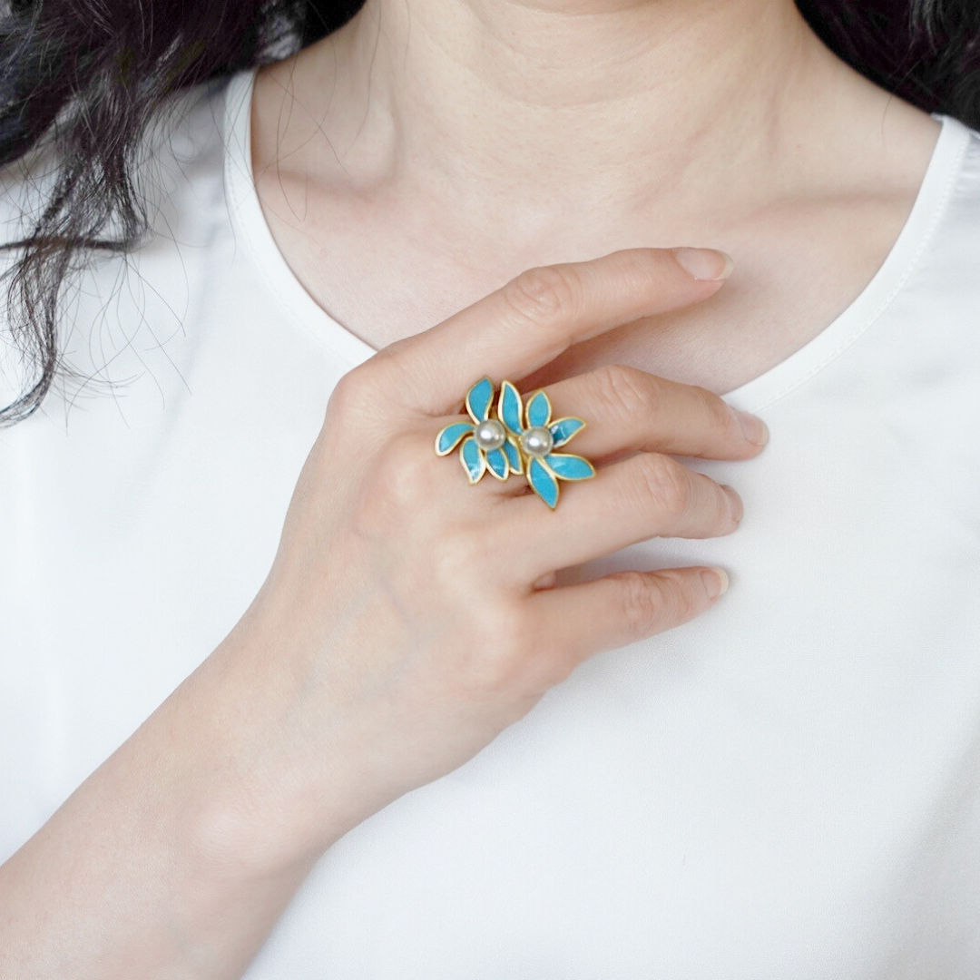 Gold Enamel Orchid Ring