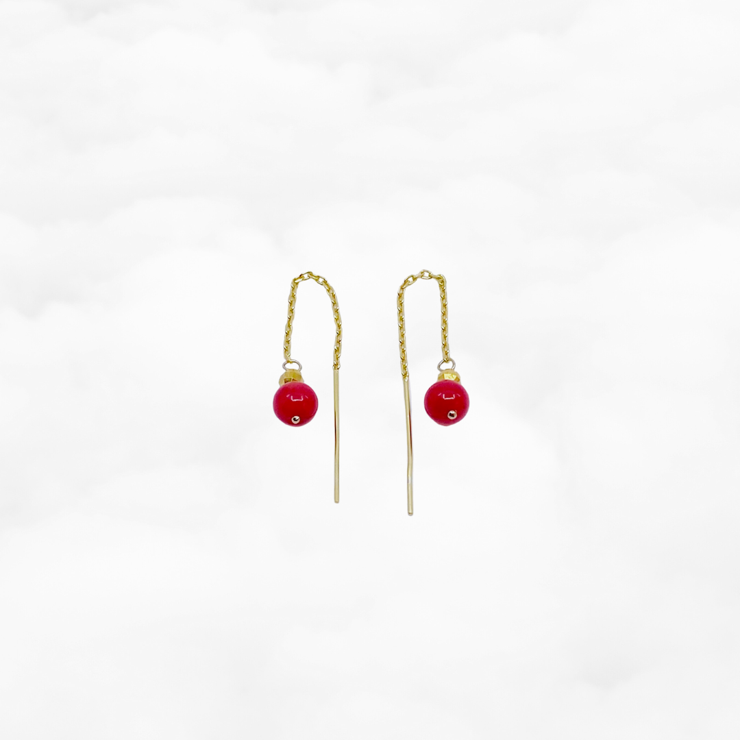 Gold Red Coral Thread Earrings in Sterling Silver